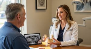 Dentist consulting with patient about dental implants in a modern clinic