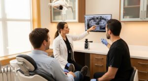 Dentist consults patient using advanced dental technology.