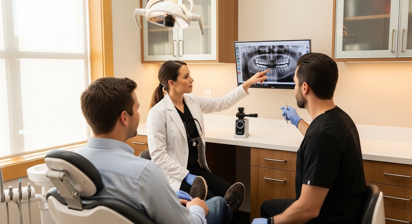 Dentist consults patient using advanced dental technology.