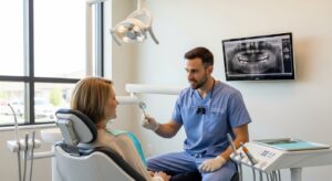 Dentist consulting a patient in a modern dental clinic