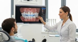 Patient consultation about veneers in a modern dental office